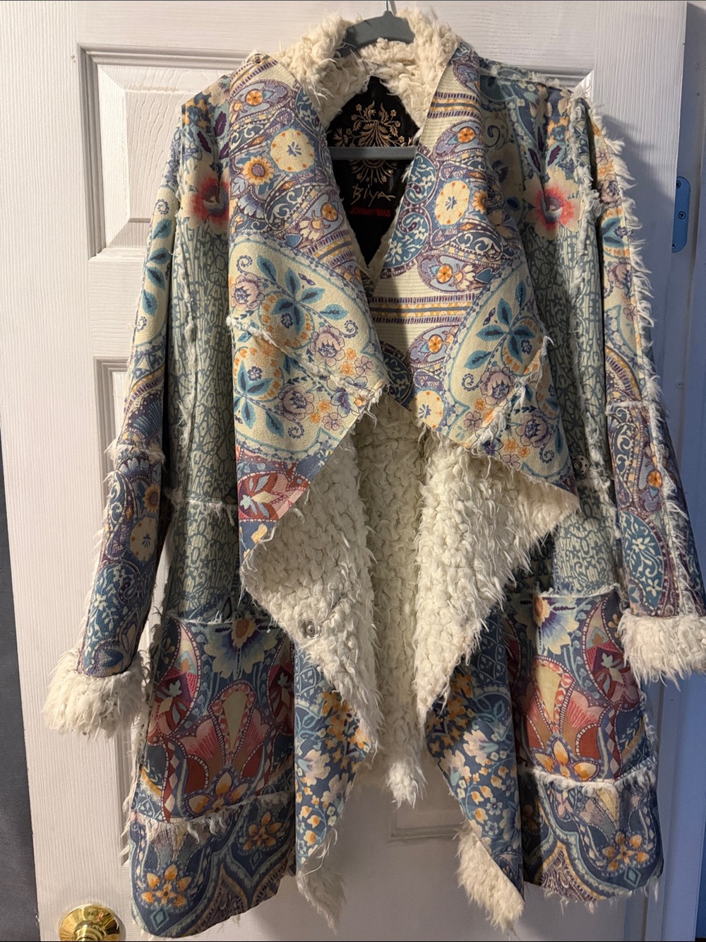 Johnny Was NWOT Cream Faux-Shearling Boho Patchwork Coat